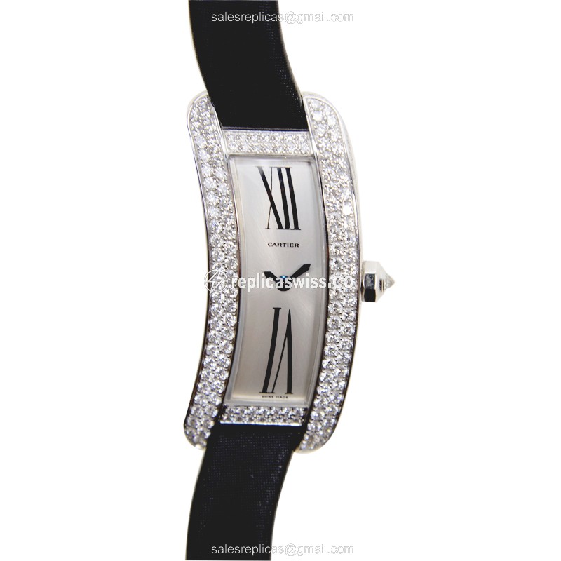 Elegant Cartier WJ300950 Tank Replica in 18kt White Gold with Silver Dial Diamond Bezels Watch