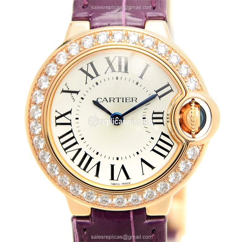 Elegant Cartier WJBB0018 BALLON BLEU Quartz Replica in 18kt Rose Gold, Silver Dial & Alligator