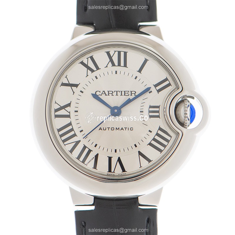Elegant Cartier WSBB0030 BALLON BLEU Automatic Steel Replica with Silver Dial Leather Strap