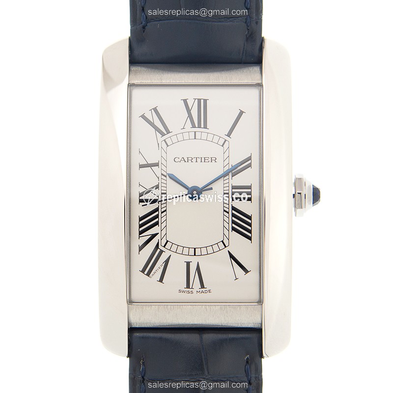 Elegant Cartier WSTA0018 Tank Replica with Silver Dial & Alligator Blue Strap Watch