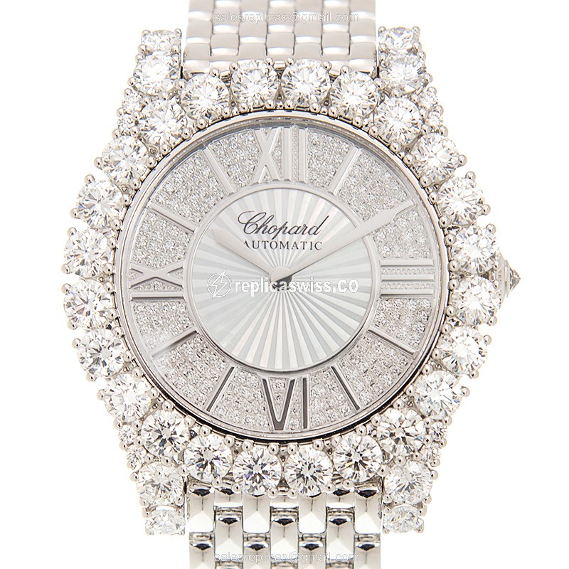 Elegant Chopard 109419-1401 Replica Watch: Automatic Movement, Silver Dial & Clasp, 18kt Gold Strap