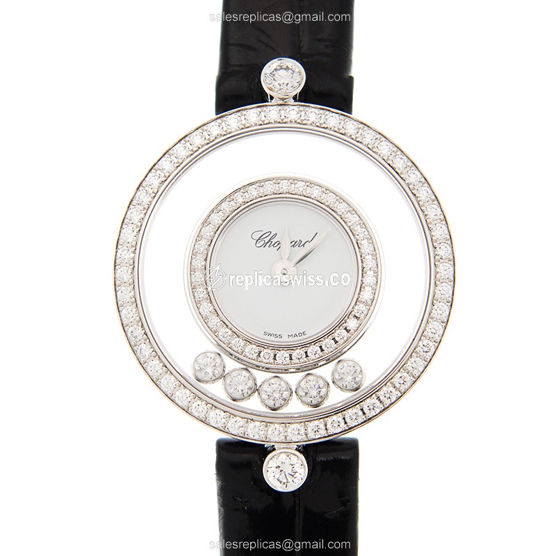 Elegant Chopard Happy Diamonds Replica in 18kt White Gold | Quartz Movement, White Dial Watch