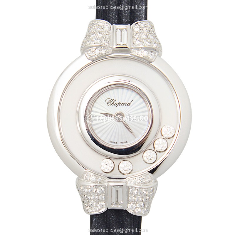 Elegant Chopard Happy Diamonds Replica Watch | Automatic Quartz | 18K White Gold Case | Black Silk