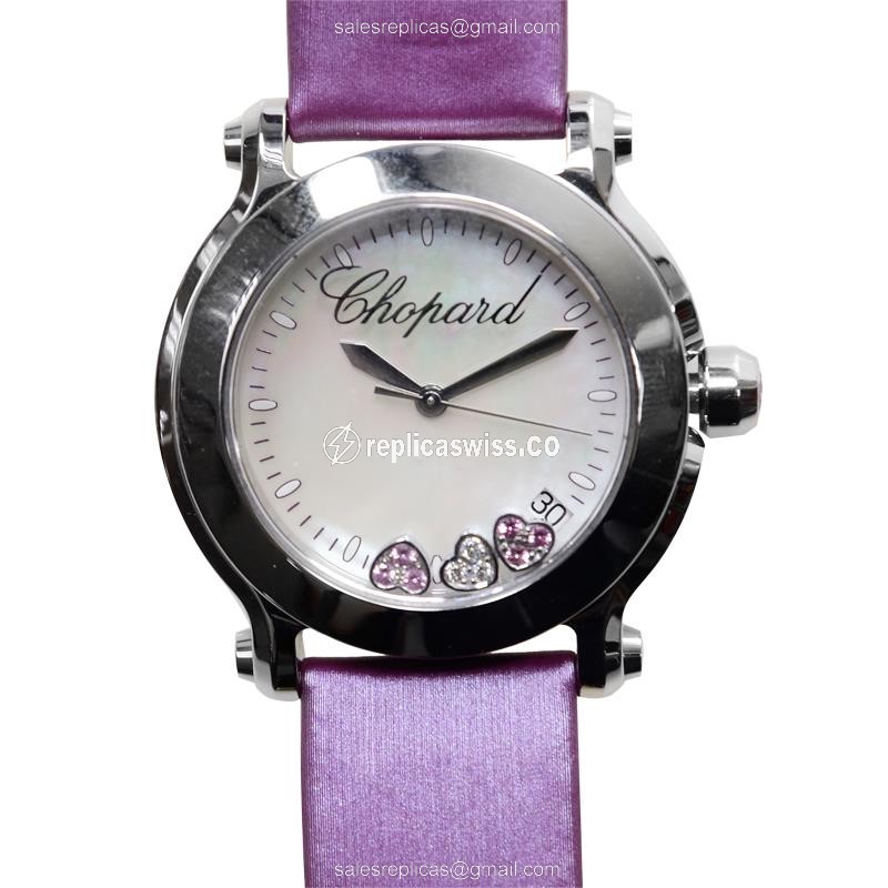 Elegant Chopard Happy Heart Replica in White Dial & Stainless Steel Case, Leather Strap & Sapphire