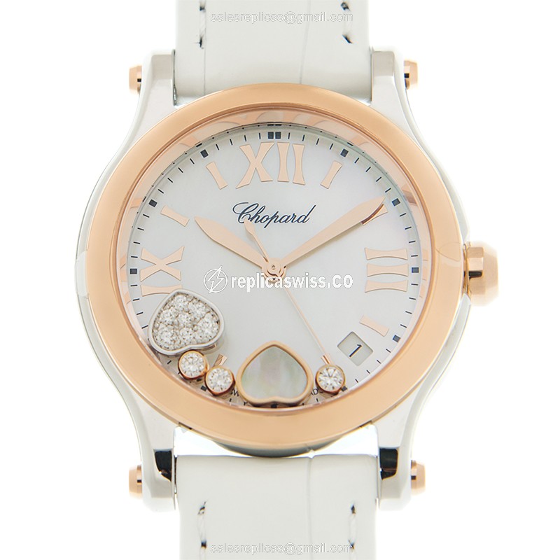 Elegant Chopard Happy Hearts Replica Watch in White Dial & Alligator Strap, 18kt Rose Gold Case