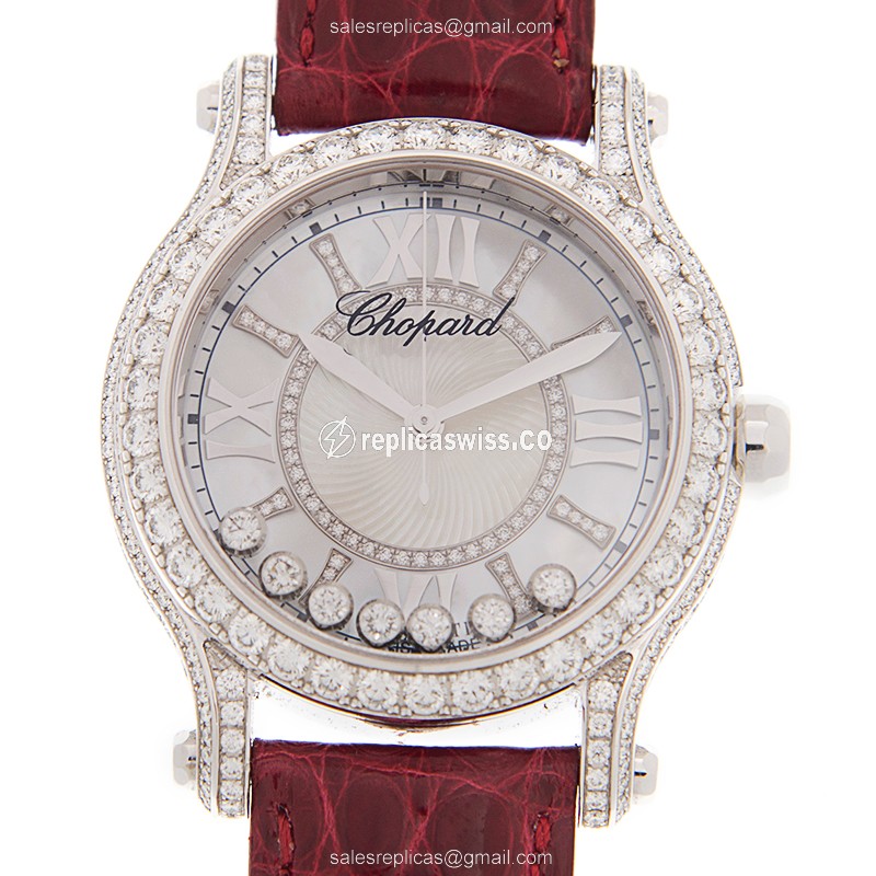 Elegant Chopard Happy Sport Replica, Automatic Movement, 18kt White Gold Case, Diamond Bezel Watch