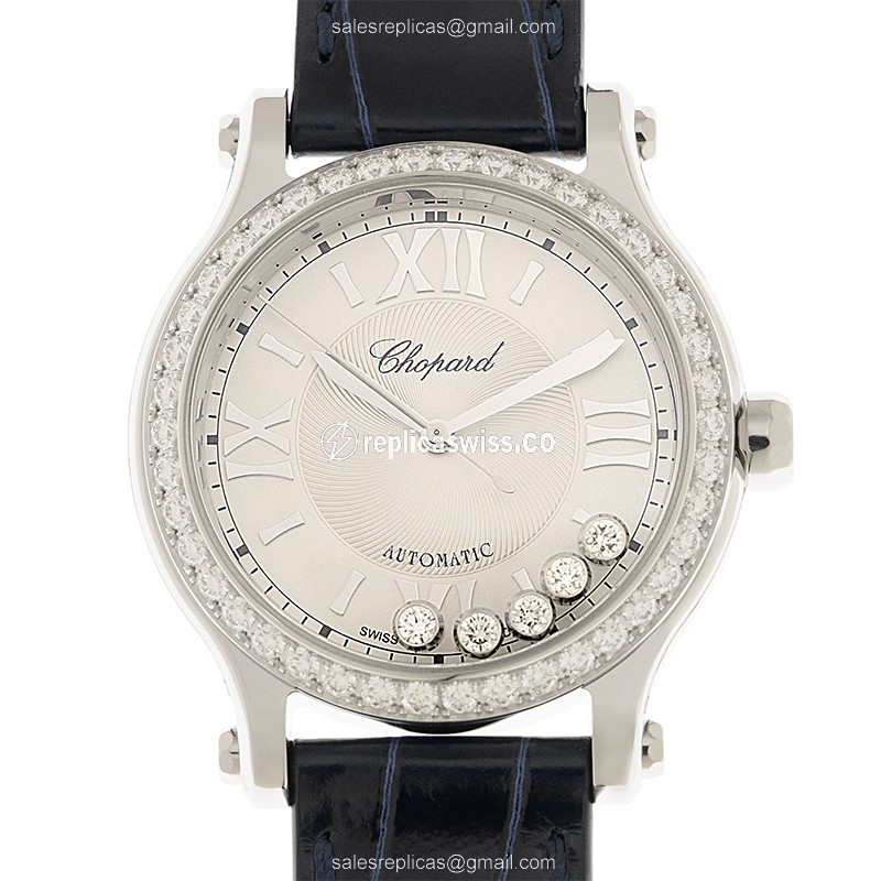 Elegant Chopard Happy Sport Replica, Automatic Movement, Silver Dial & Alligator Blue Strap Watch