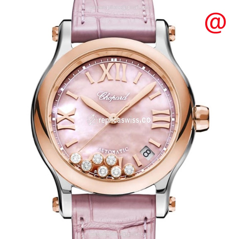 Elegant Chopard Happy Sport Replica, Automatic Pink Dial & 18kt Gold Case Watch