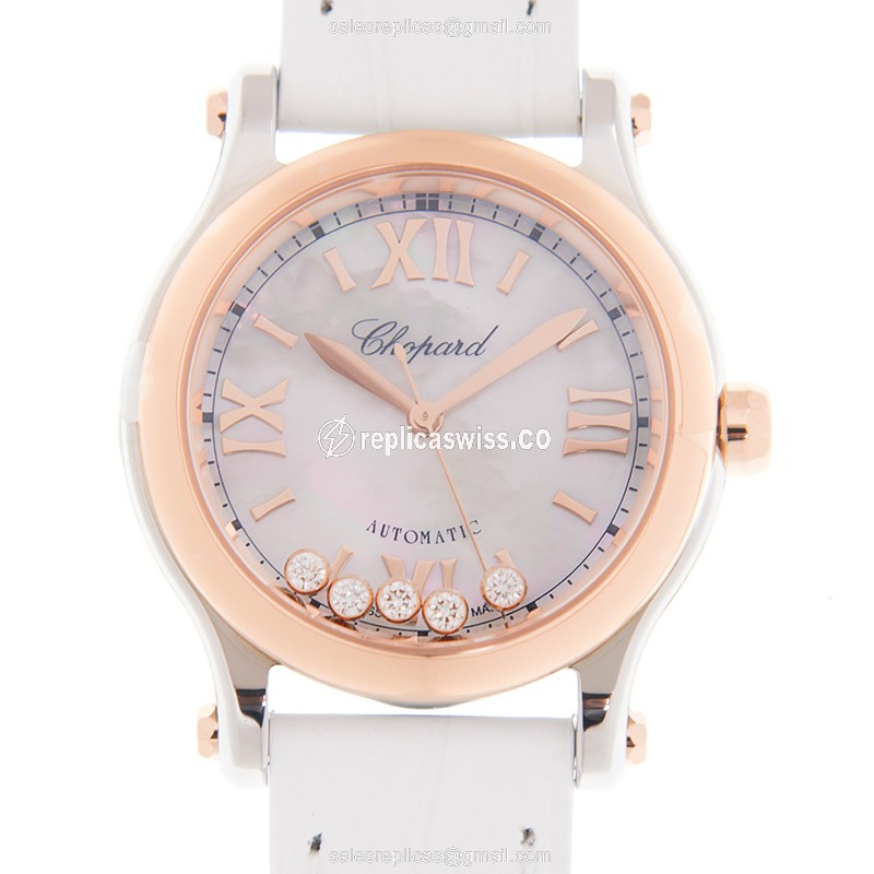 Elegant Chopard Happy Sport Replica in 18kt Rose Gold, Automatic Movement, White Dial & Leather