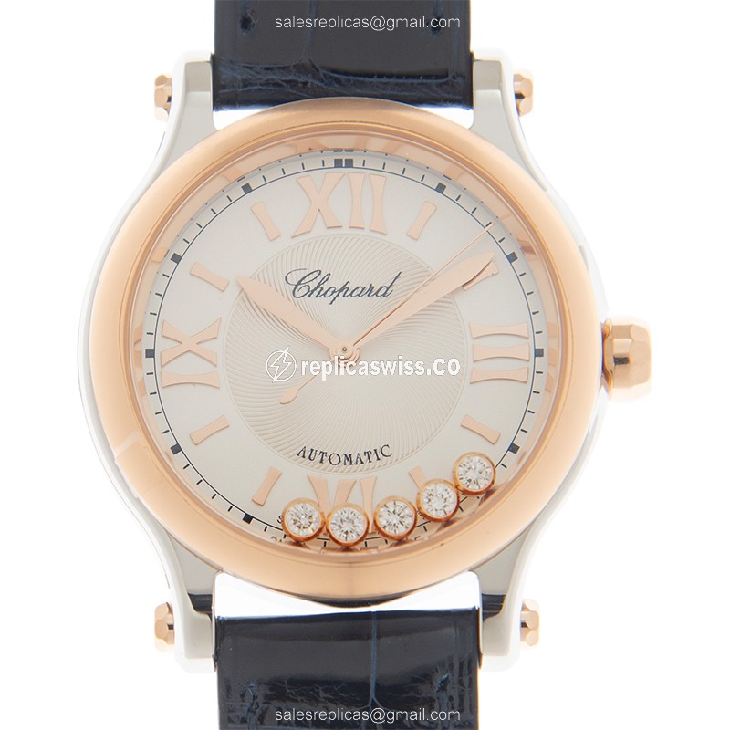 Elegant Chopard Happy Sport Replica in 18kt Rose Gold Steel Case, Automatic Movement & Silver Dial
