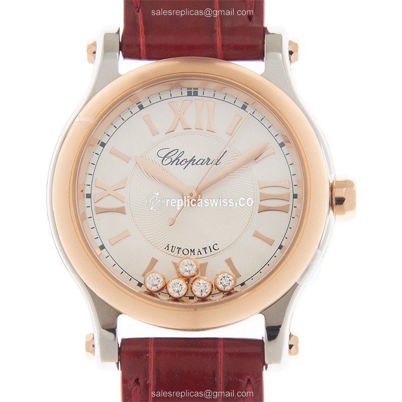 Elegant Chopard Happy Sport Replica in 18kt Rose Gold with Automatic Movement Silver Dial Watch