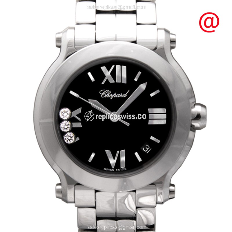 Elegant Chopard Happy Sport Replica in Black Dial & Stainless Steel Case, Automatic Movement Watch