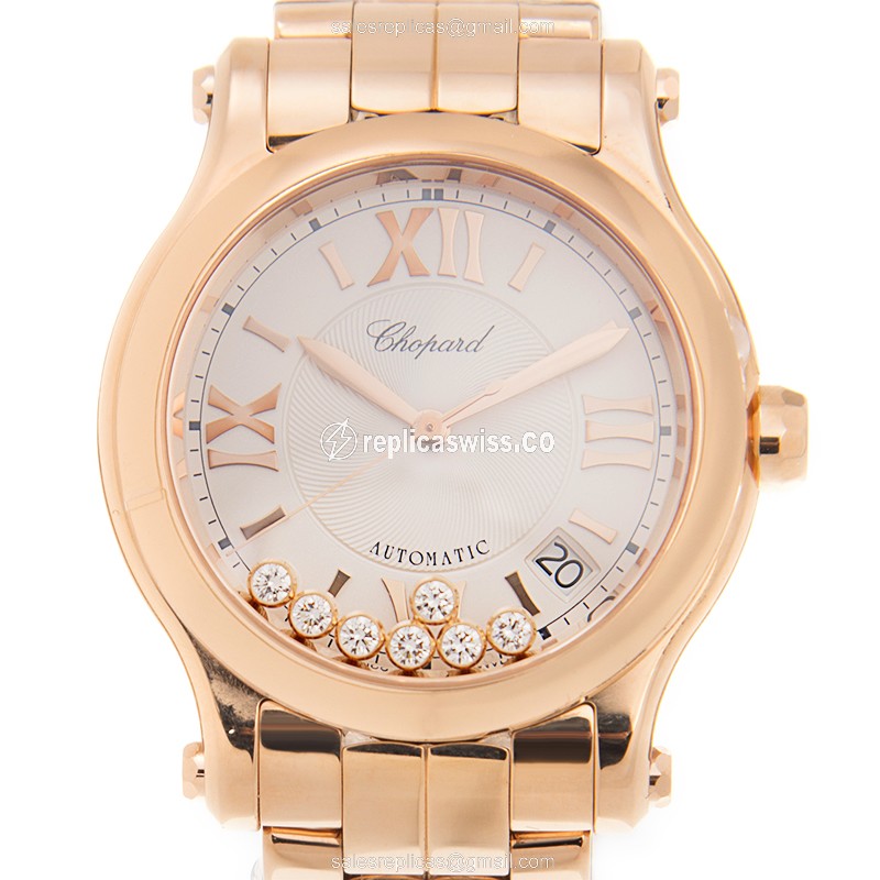 Elegant Chopard Happy Sport Replica Watch in 18kt Rose Gold with Automatic Movement & Silver Dial