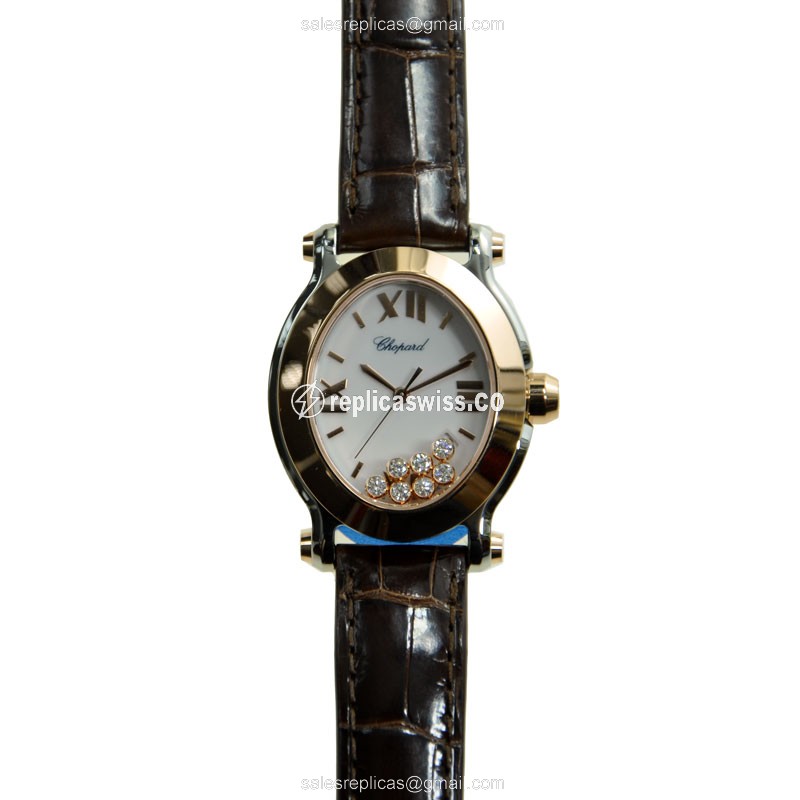 Elegant Chopard Happy Sport Replica | White Dial, 18kt Rose Gold Case & Alligator Strap Watch