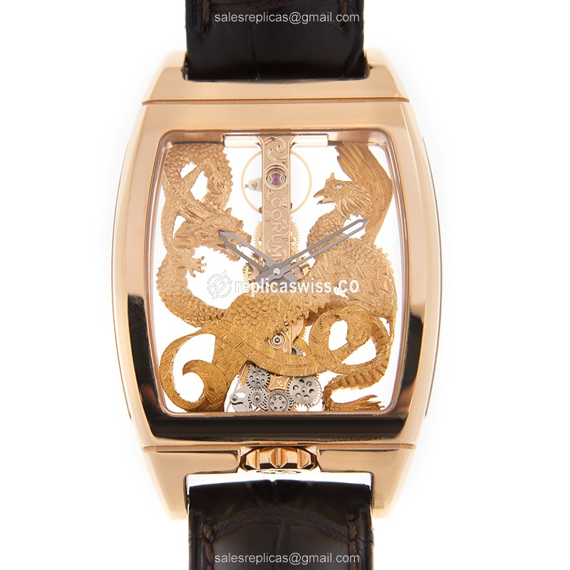 Elegant Corum 113.265.55/0002 Golden Bridge Replica, Manual Wind, 18kt Rose Gold, Skull Dial &