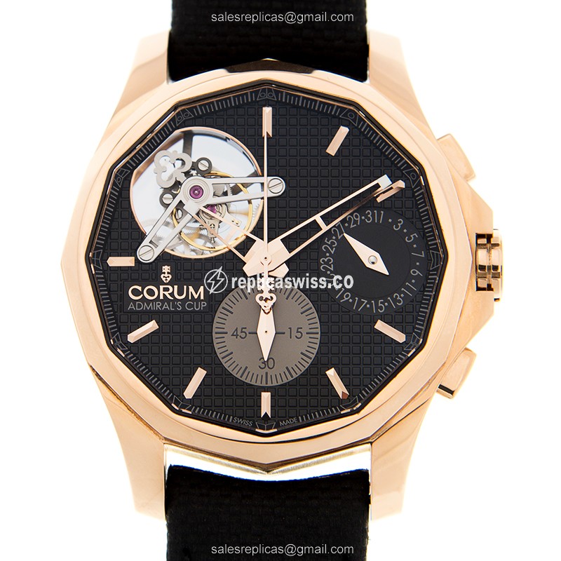 Elegant Corum Admiral Cup Replica in 18kt Rose Gold, Automatic Movement, Black Dial & Leather Strap