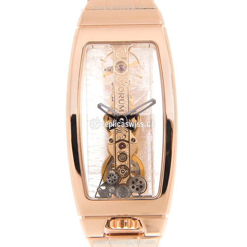 Elegant Corum Bridge Replica in 18kt Gold, Manual Wind Movement, Skull Dial & Gold Clasp Watch