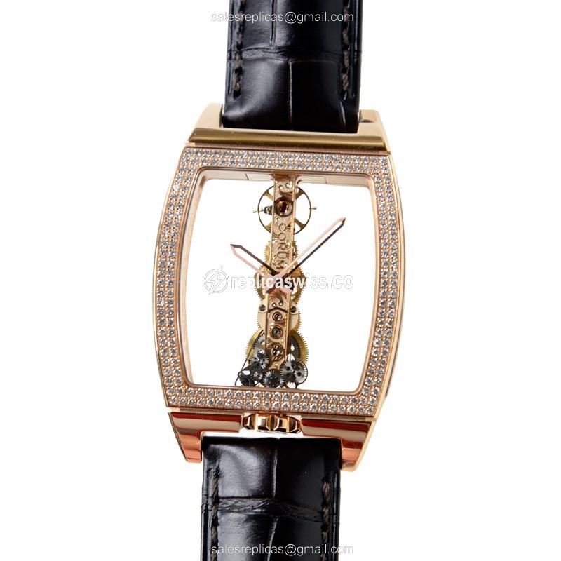 Elegant Corum Bridge Replica in 18kt Rose Gold, Manual Wind Movement, Skull Dial Watch