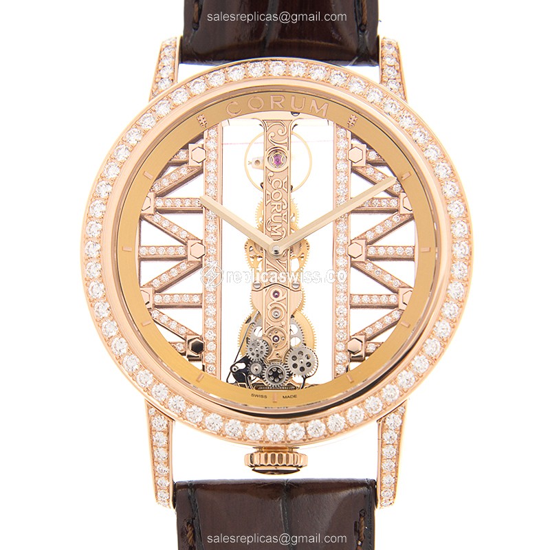 Elegant Corum Bridge Replica in 18kt Rose Gold, Manual Wind, Skull Dial & Alligator Strap Watch