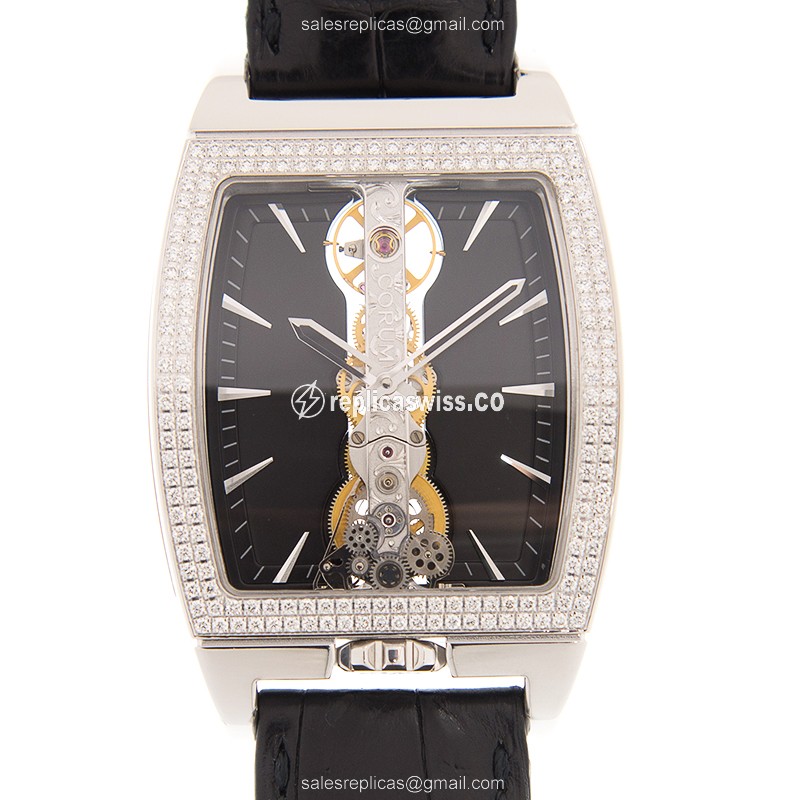 Elegant Corum Bridge Replica in 18kt White Gold, Manual Wind, Black Dial & Diamond Bezel Watch