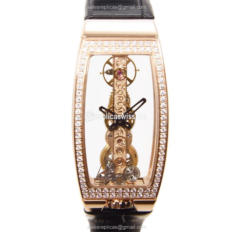 Elegant Corum Bridge Replica Watch in 18kt Rose Gold with Diamond Bezels Crystal Dial