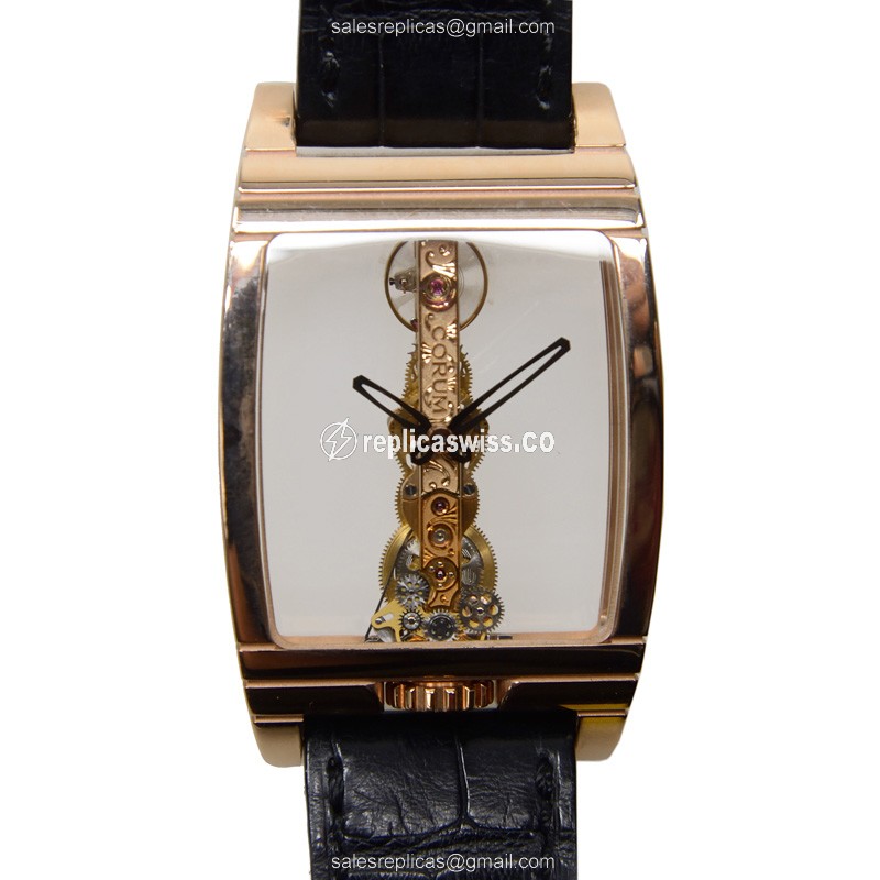 Elegant Corum Bridge Replica Watch | Manual Wind | 18kt Rose Gold Case, Skull Dial