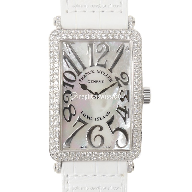 Elegant Franck Muller 1002 Quartz Replica with White Dial, 18kt White Gold Case & Diamond Bezel