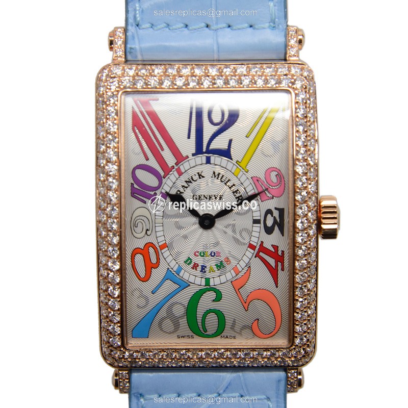 Elegant Franck Muller 1002 QZ Replica in 18kt Rose Gold, Silver Dial, Blue Alligator Strap Watch