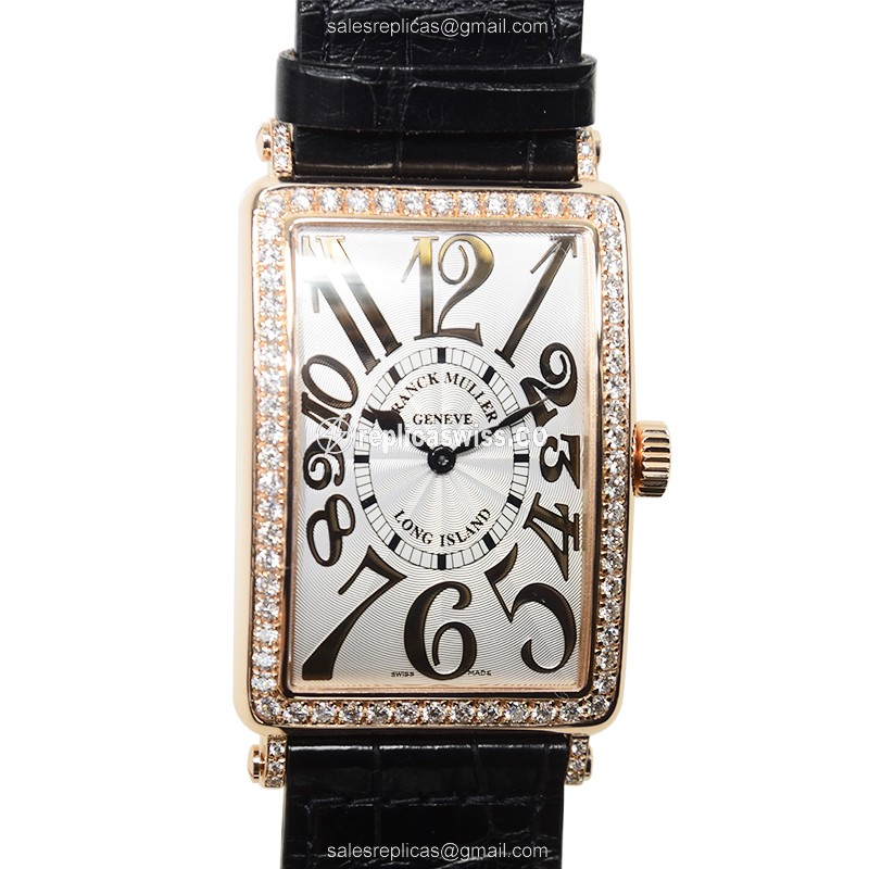 Elegant Franck Muller 1002 QZ Replica in 18kt Rose Gold with Silver Dial & Leather Strap Watch