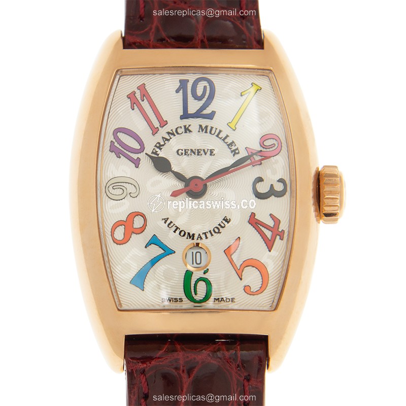 Elegant Franck Muller 1750 SC Automatic Replica Watch, 18kt Gold Case, White Dial & Red Leather