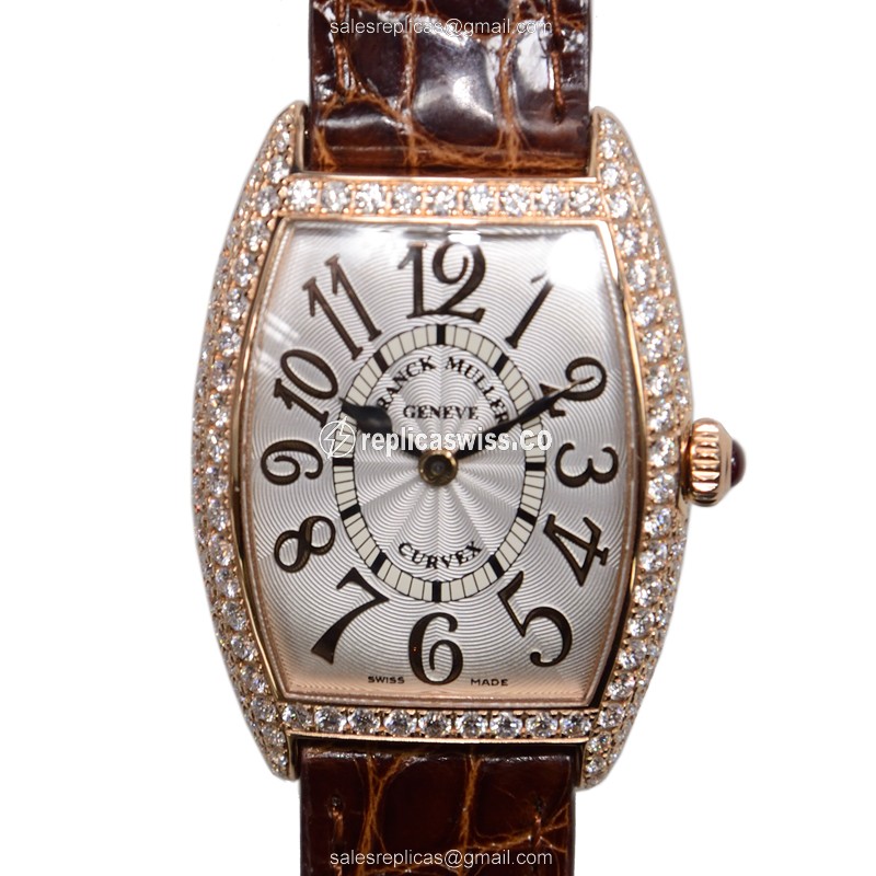 Elegant Franck Muller 1752 Replica in Rose Gold, Quartz Movement, Silver Dial on Alligator Strap