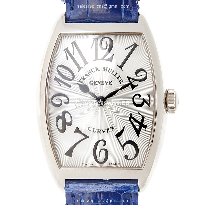 Elegant Franck Muller 2852 QZ Quartz Cintree Curvex Replica in 18kt White Gold & Blue Alligator