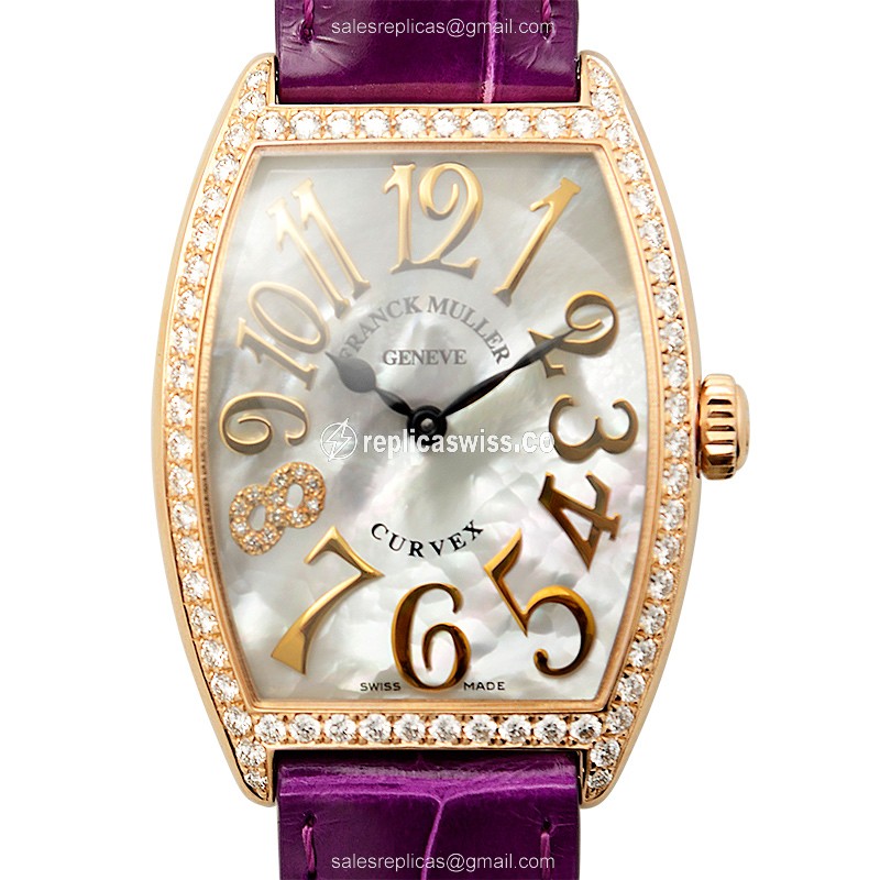 Elegant Franck Muller 2852 QZ Replica in 18kt Rose Gold, White Dial, Alligator Strap, Sapphire