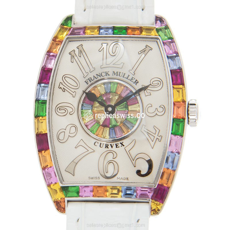 Elegant Franck Muller 2852 Replica in Stainless Steel & Diamond Set, Crystal Dial & White Leather