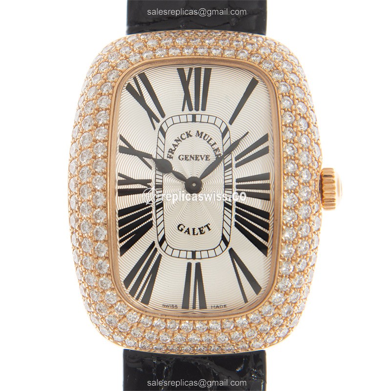 Elegant Franck Muller 3002 L Galet Replica in 18kt Rose Gold, Silver Dial & Crystal Case Watch