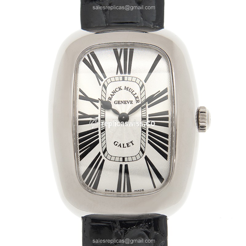 Elegant Franck Muller 3002 L QZ GALET Replica in 18kt White Gold, Silver Dial & Leather Strap Watch
