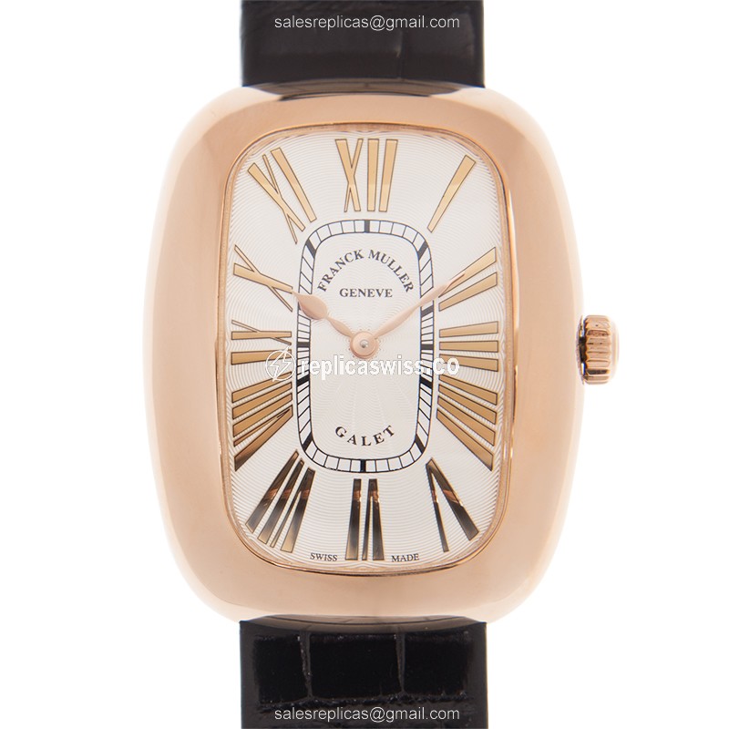Elegant Franck Muller 3002 Ladies Quartz Watch in 18kt Rose Gold, White Dial & Black Cowhide Strap