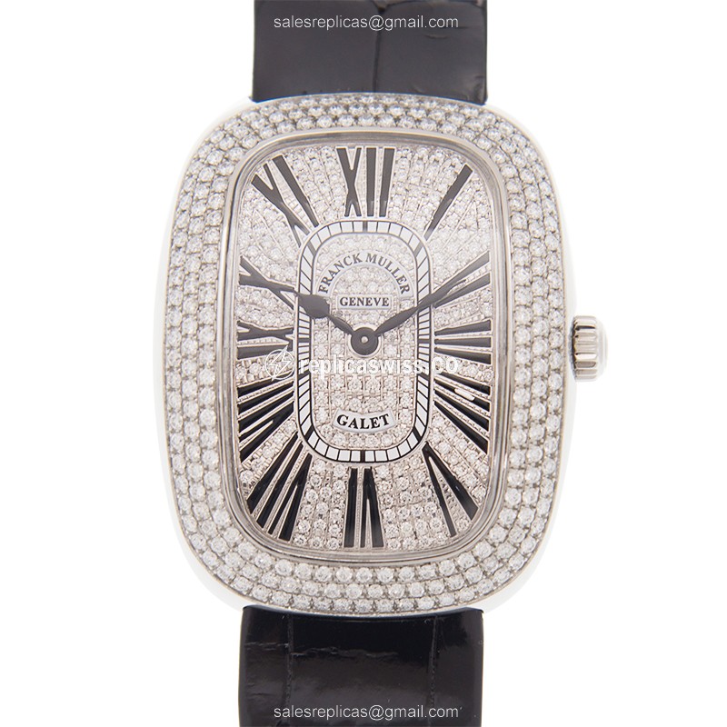 Elegant Franck Muller 3002 M Ladies Quartz Watch | Silver Dial & Leather Strap | Diamond Bezels
