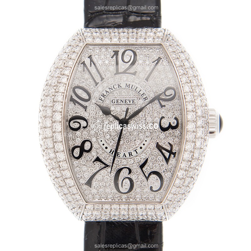 Elegant Franck Muller 5000H SC Ladies Replica, Black Dial, 18kt White Gold Case & Diamond Bezel