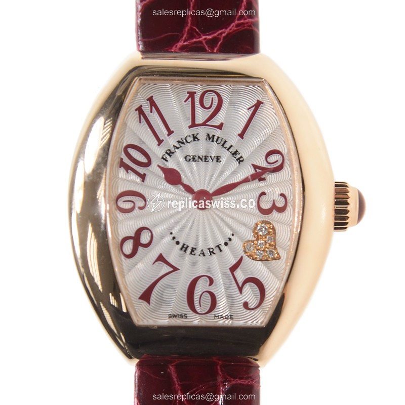 Elegant Franck Muller 5002 Heart Quartz Replica in 18kt Rose Gold, Silver Dial, Red Alligator Strap