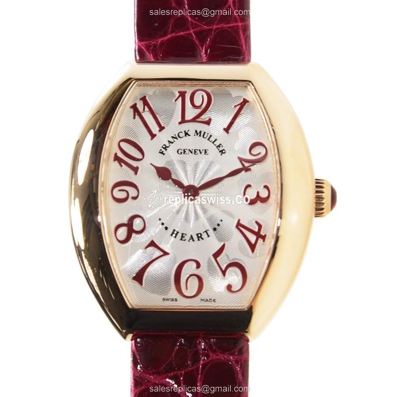 Elegant Franck Muller 5002 L Heart Quartz Replica in 18kt Rose Gold, Silver Dial & Leather Strap