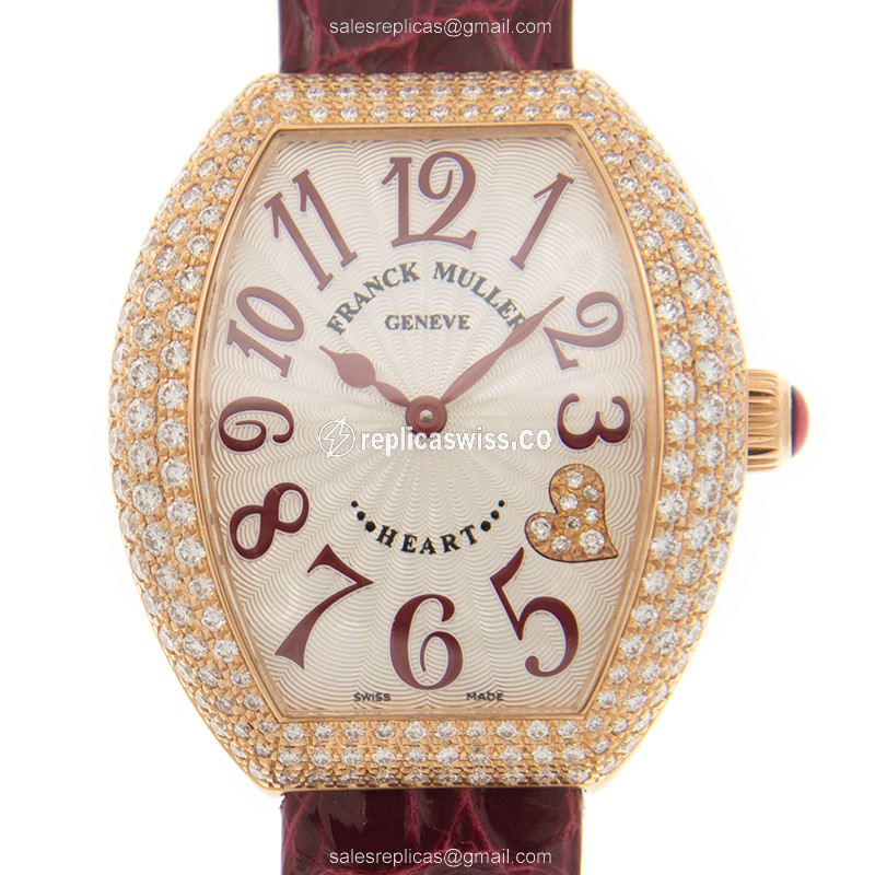 Elegant Franck Muller 5002 L Heart Quartz Watch in 18kt Rose Gold, White Dial & Red Leather Strap