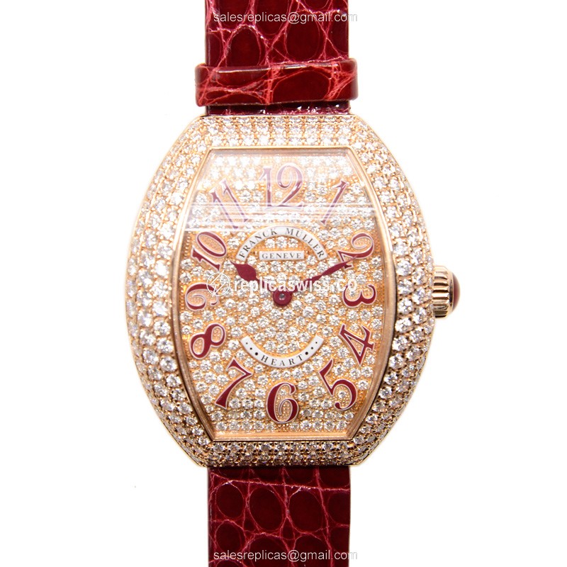 Elegant Franck Muller 5002 M Heart Quartz Replica in 18kt Rose Gold, Set with Diamonds & Red