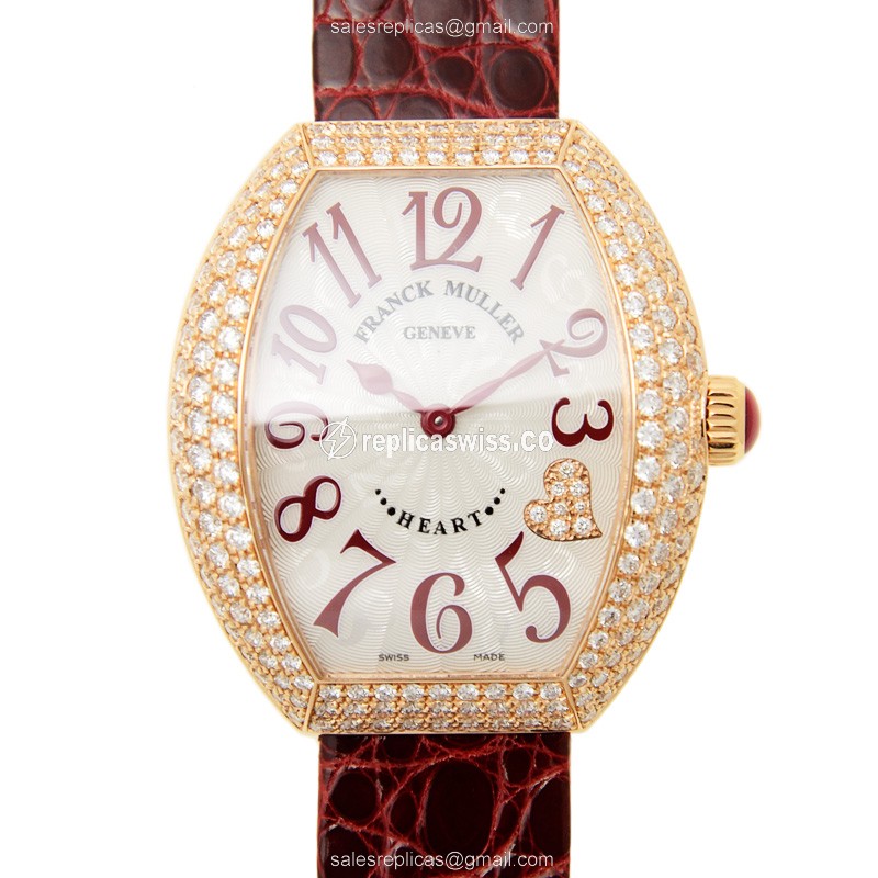 Elegant Franck Muller 5002 M Heart Quartz Replica in 18kt Rose Gold, Silver Dial & Red Leather