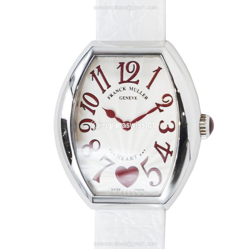 Elegant Franck Muller 5002 M Heart Quartz Steel Watch with Silver Dial & White Alligator Strap