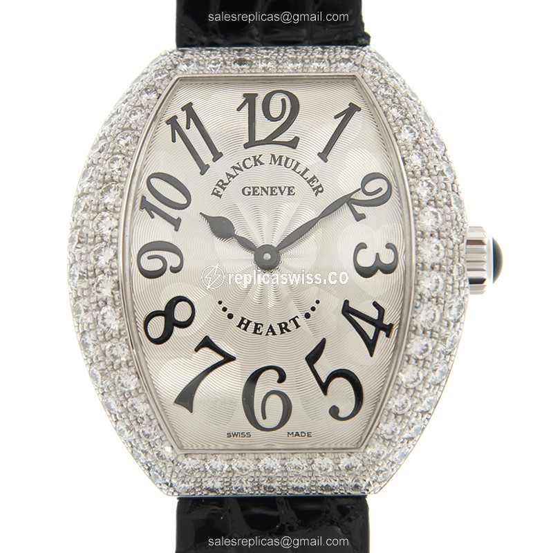 Elegant Franck Muller 5002 M QZ D2 Replica with White Dial, 18kt White Gold Case & Diamond Bezel