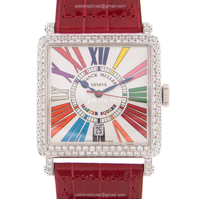 Elegant Franck Muller 6000 H SC DT COL DRM R D Replica in White Gold, Diamond-Set Dial & Leather