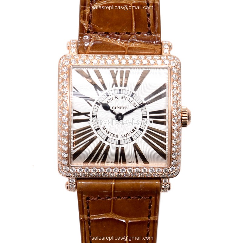 Elegant Franck Muller 6002 L Quartz Master Square Replica, Silver Dial, 18kt Rose Gold Case &