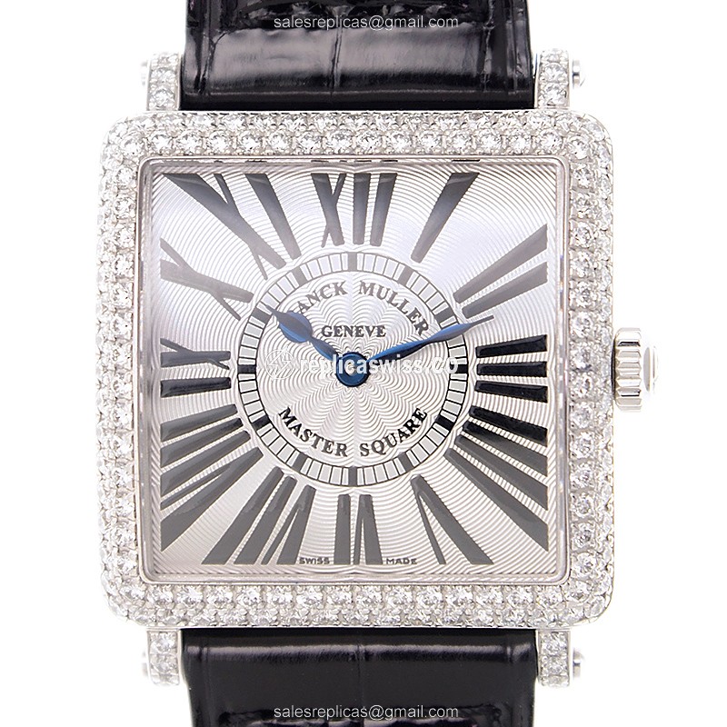 Elegant Franck Muller 6002 L QZ D Replica, White Gold Case with Diamond Bezel Alligator Strap