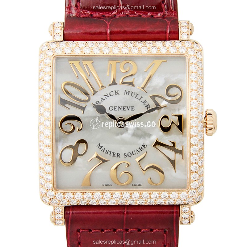 Elegant Franck Muller 6002 M B QZ Replica Watch | White Dial, 18kt Rose Gold Case & Alligator Strap